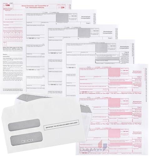 Dutymark 1099 NEC Forms 2024 for 25 Recipients 4 Part Laser Tax Forms Kit, 3 1096 Forms, 25 Security Self Seal Envelopes, Great for QuickBooks and Accounting Software, 2024 1099 NEC