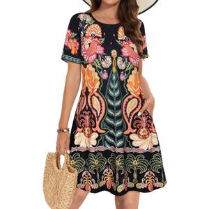 Summer Dresses for Women Casual Tshirt Short Sleeve Floral Sundress Beach Cover Ups with Pockets (X-Large, Aa Yellow Flower)