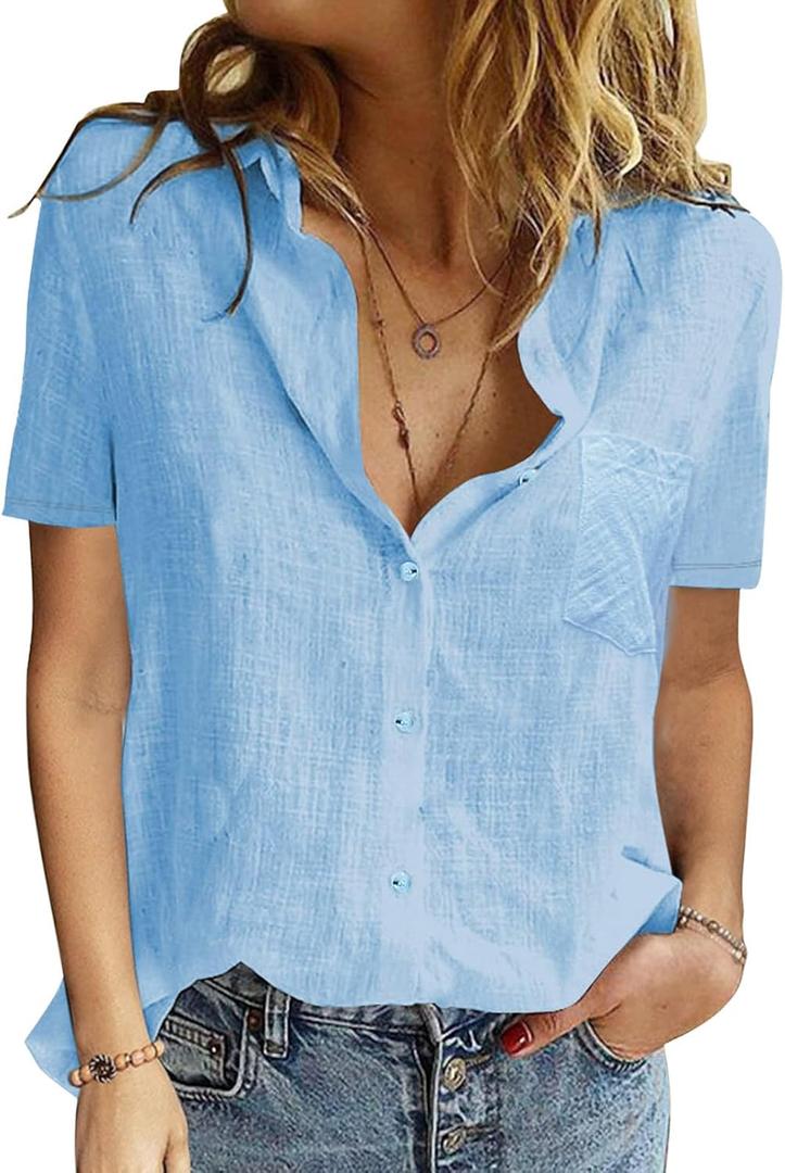 Womens Button Down Shirts Cotton Summer Tops V Neck Short Sleeve Shirt Collar Blouse Casual Plain Tshirt Work Tops (Small, Blue)