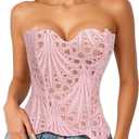 LEACOOLKEY Lacework Corset Top for Women Sexy Textured Sheer Floral Lace Bustier Going Out Lace-up Corset Overbust Top (Light Pink) XS
