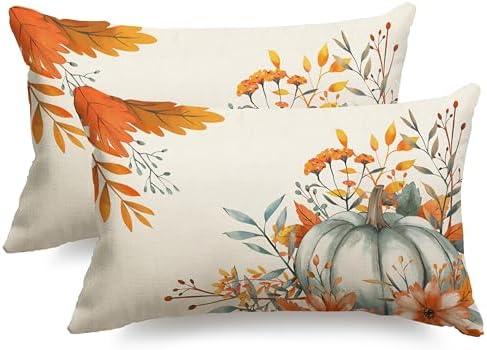 JXZYGMD Fall Pillow Covers 12x20 inch Set of 2 Orange Watercolor Pumpkin Fallen Leaves Decorative Throw Pillow Covers Thanksgiving Decoration for Home Decor