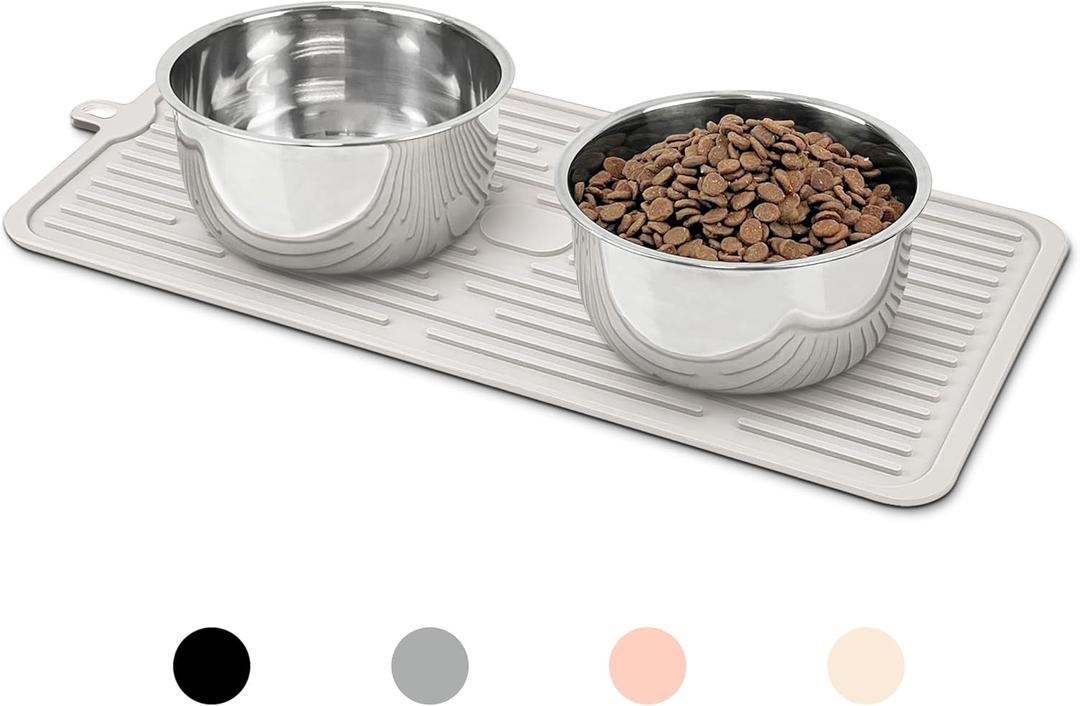 Ptlom Pet Placemat for Dog and Cat, Anti-Slip Waterproof Dogs Feeding Mat Prevent Food and Water Overflow, Bowl Mats Suitable for Medium and Small Pets, Cream, Silicone (18.3"L x 7.9"W)