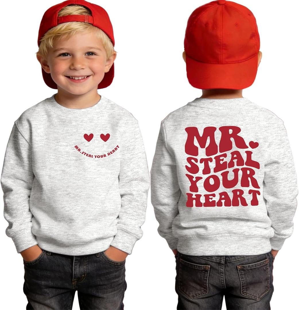 Valentines Sweatshirt Toddler Baby Boy MR. STEAL YOUR HEART Shirt Long Sleeve Crewneck Pullover Top Spring Clothes (2-3T, Grey)
