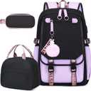 Bevalsa Backpack with Lunch Bag Bookbag Set for Girls Kids Middle High School College Student 21L Casual Daypack Children Schoolbag Bookbag with USB Charging Port (Purple)
