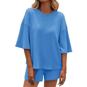 Tankaneo Womens 2 Piece Outfits Sweater Set Lounge Sets 3/4 Sleeve Oversized Tops and Elastic Waist Shorts Pajama Sets (X-Large, Blue)