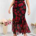 WDIRARA Women's Plus Size Floral Ruffle Hem Bodycon Midi Skirt Elastic Waist Fishtail Skirts