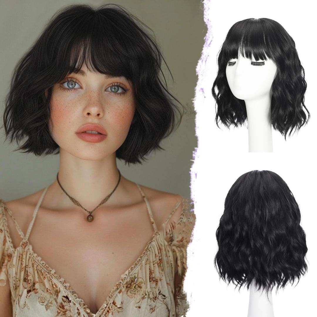 Black Wig With Bangs Bob Synthetic Curly Wigs Natural Shoulder Length Wig 12 inch for Women Girls Daily Use Colorful Wigs