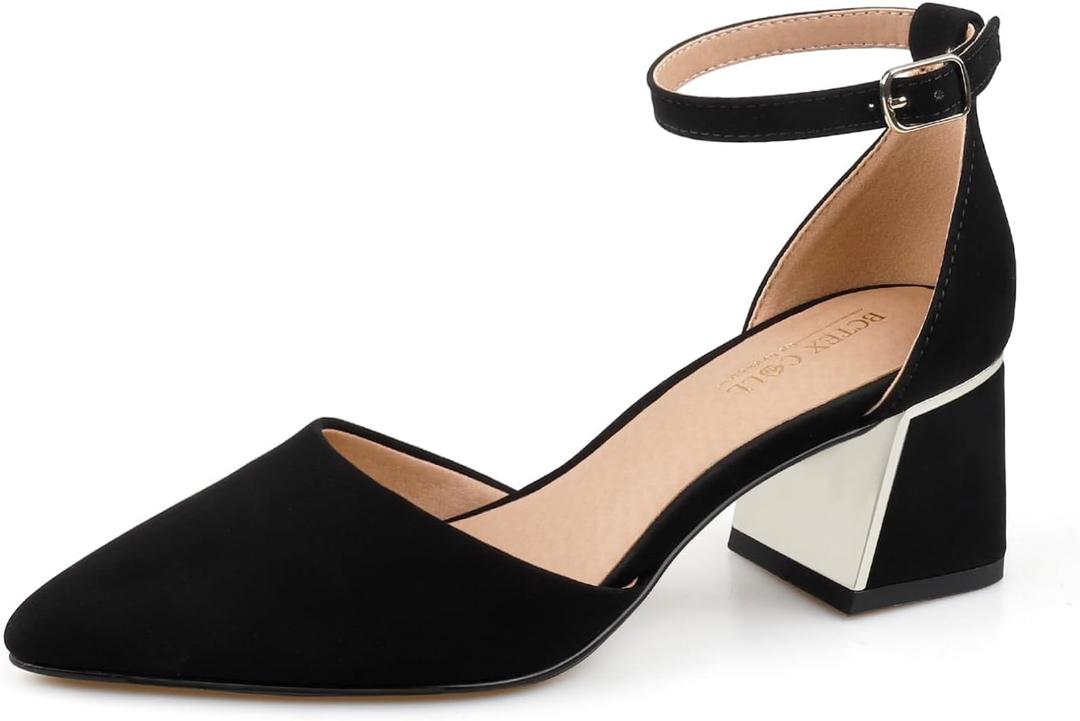 BCTEX COLL Womens Pointed Toe Pumps Shoes Ankle Strap Chunky Low Heels Metal Lined Sandals Designed for Women 7