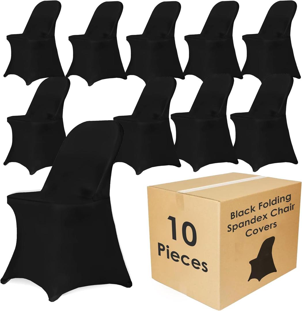 Craft And Party 10 Pack Black Spandex Folding Chair Covers, Stretch Polyester Slipcovers for Wedding, Party & Dining Chairs Flat Front Design, Universal Fit