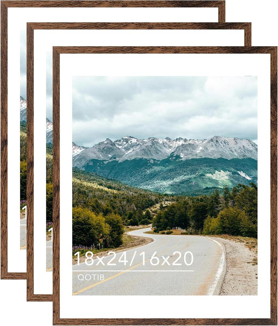 Wood 18x24 Picture Frame with 16x20 Mat, Display 16x20 with Mat or 18x24 Without Mat, Wood 18 by 24 Photo Frame, 18 x 24 Frame for Wall Hanging Display, Deep Brown, 3 Pack