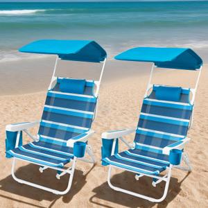 Beach Chair 2 Pack, 5 Positions Textilene Folding Reclining Beach Chair with Backpack Straps, Cooler Bag & Cup Holder for Outdoor Lawn Camping (Blue Stripe With Canopy)