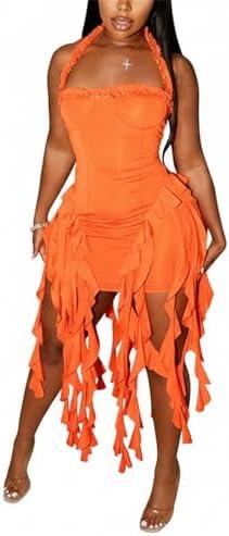 Women's Mini Dress Sexy Halter Backless Ruffle Fringe Bodycon Short Dress Cocktail Party Beach Vacation Sundress XL