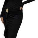 HWP Women's Sexy Ruched Bodycon Midi Dresses Asymmetrical Neck Long Sleeve Ruffle Club Cocktail Date Night Dress, Size L