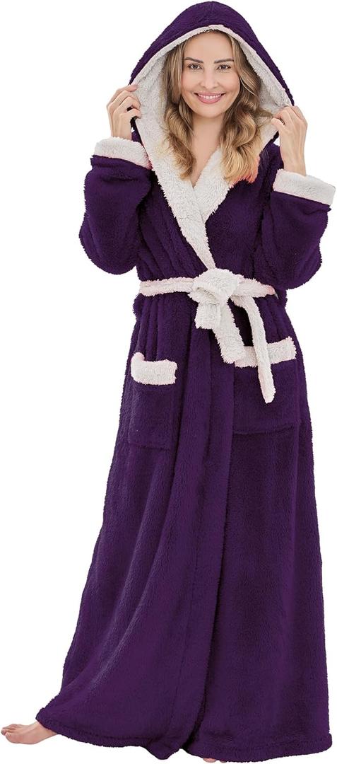 Long Robes For Women Floor Length, Fluffy Fleece Warm Cozy Hooded Bathrobe Plush Luxury Plus Size Winter Housecoat (Small-Medium, Dark Purple/Light Grey)