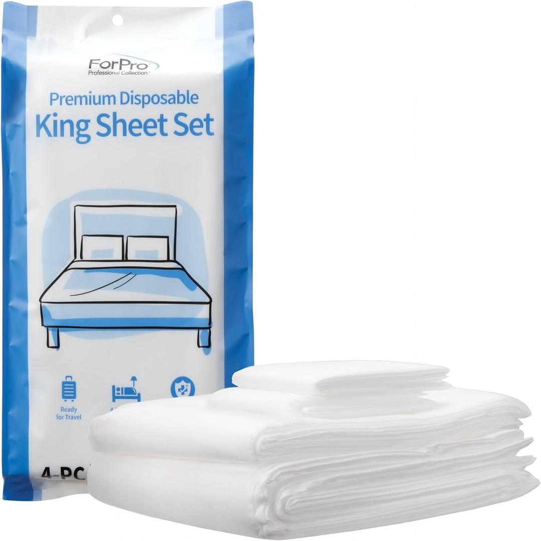 ForPro Premium Disposable Sheet Set, 4-PC King Size Bedding for Travel, Includes Bed Sheet, Duvet Cover and Two Pillowcases, White