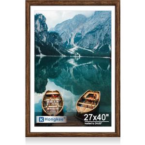 Hongkee 27x40 inch Poster Frame, Rustic Brown Wood Style, Wall Mounting