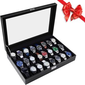 Artilife 24 Slot Watch Box for Men,Watch Cases for Men,Watch Display Case,Glass Top,PU Leather Display Storage Collection Organizer Jewelry Case Watch Organizer with Removable Pillows Black