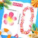 Jexine 50 Counts Hawaiian Leis Necklace Tropical Flower Leis for Luau Party Artificial Flowers Neck Loop for Decoration Beach Birthday Wedding Dance Garland Headbands (Pink)
