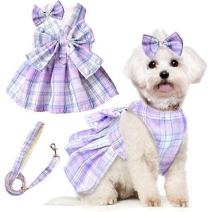 PETCARE Cute Dog Dress Clothes for Dogs Cats Girl Female Purple Plaid Bow Tie Dog Harness Dresses Leash Set with Pearls Bow Accessories Birthday Puppy Dress Shih Tzu Yorkies Chihuahua Outfits, Size: L (Suggest 8-13 lbs)