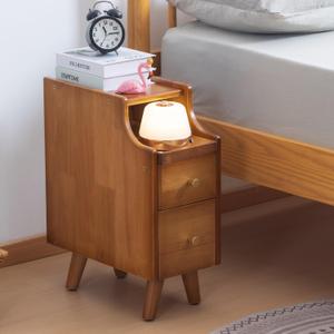 SOBIBO Small Nightstand, Narrow Nightstand, Solid Slim Wood Night Stand for Small Spaces, Couch, Walnut Color 7.87in Wide