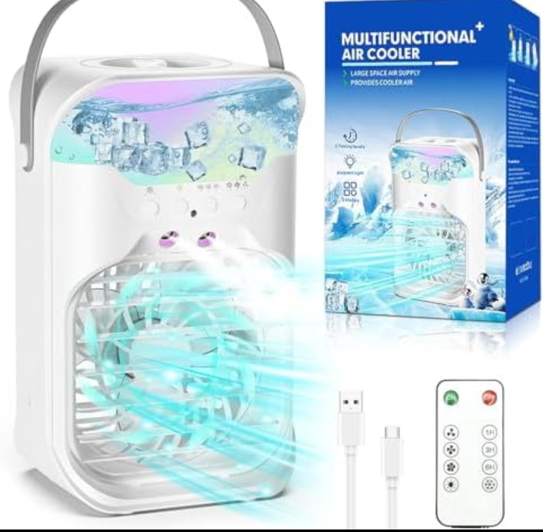 4 Speeds Mini Air Conditioner Fan with 7 Colors Light, Evaporative Air Cooler Desk Fan, Portable Air Conditioners with Handle & 2-8H Timer, USB Personal Air Conditioner for Bedroom, Office, Dorm Desk