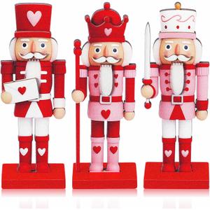 Thyle 3 Pcs Valentine Nutcracker Soldier 7 in Wooden Traditional Valentine Nutcrackers Figures Wood Veneer Tabletop Decoration for Desktop Fireplace Collectible Gifts(Red and Pink)