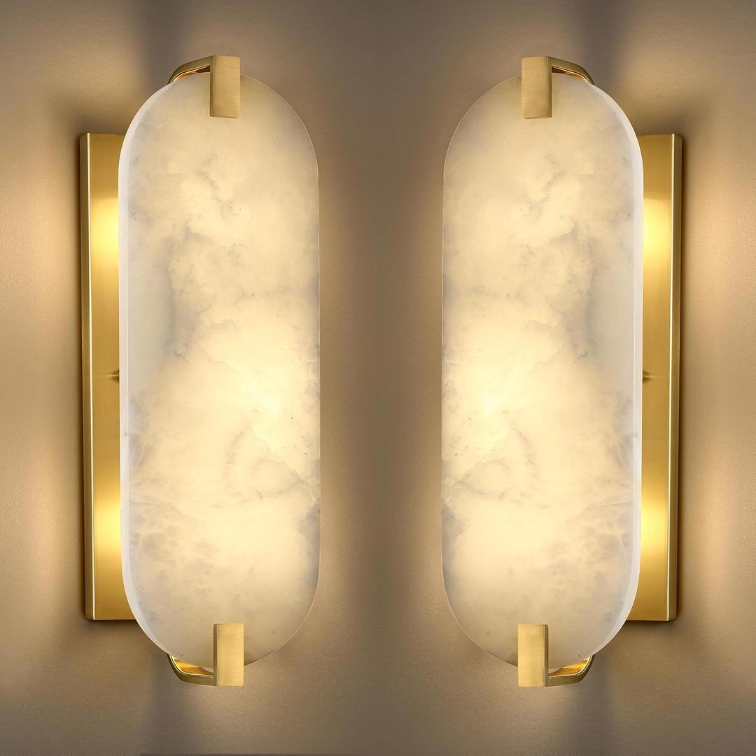 15.7" Natural Oval Alabaster Marble Modern Concise 2 Pack 2 Light Wall Sconce Fixture,Gold Finish for Bathroom Bedroom Hallway Bedside Staircase Vanity Mirror