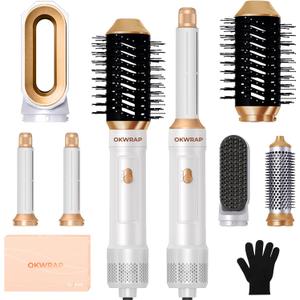 6 in ONE Blow Dryer Brush, Curling Wand Hair Styling Tools Set, Ionic Hot Air Brush Hair Dryer, Massage Oval Hair Dryer Brush, Left&Right Hair Curlers (White Gold)
