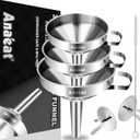 Anaeat 3 Pack Stainless Steel Kitchen Funnel Set, Multi-Use Premium Metal Food Grade Cooking Funnels with 2 Removable Strainer Filter for Transferring Liquid or Dry Ingredients & 1 Pc Cleaning Brush
