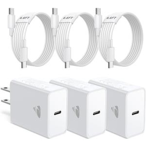 iPhone 17 Charger Fast Charging, 3Pack 20W Type C Charger USBC Block Wall Plug C Port Cargador Brick for iPhone 17/17 Pro/17 Pro Max/Air/16 Plus/15/16e iPad Air Pro Mini with 6FT USB C to USB C Cord (White)