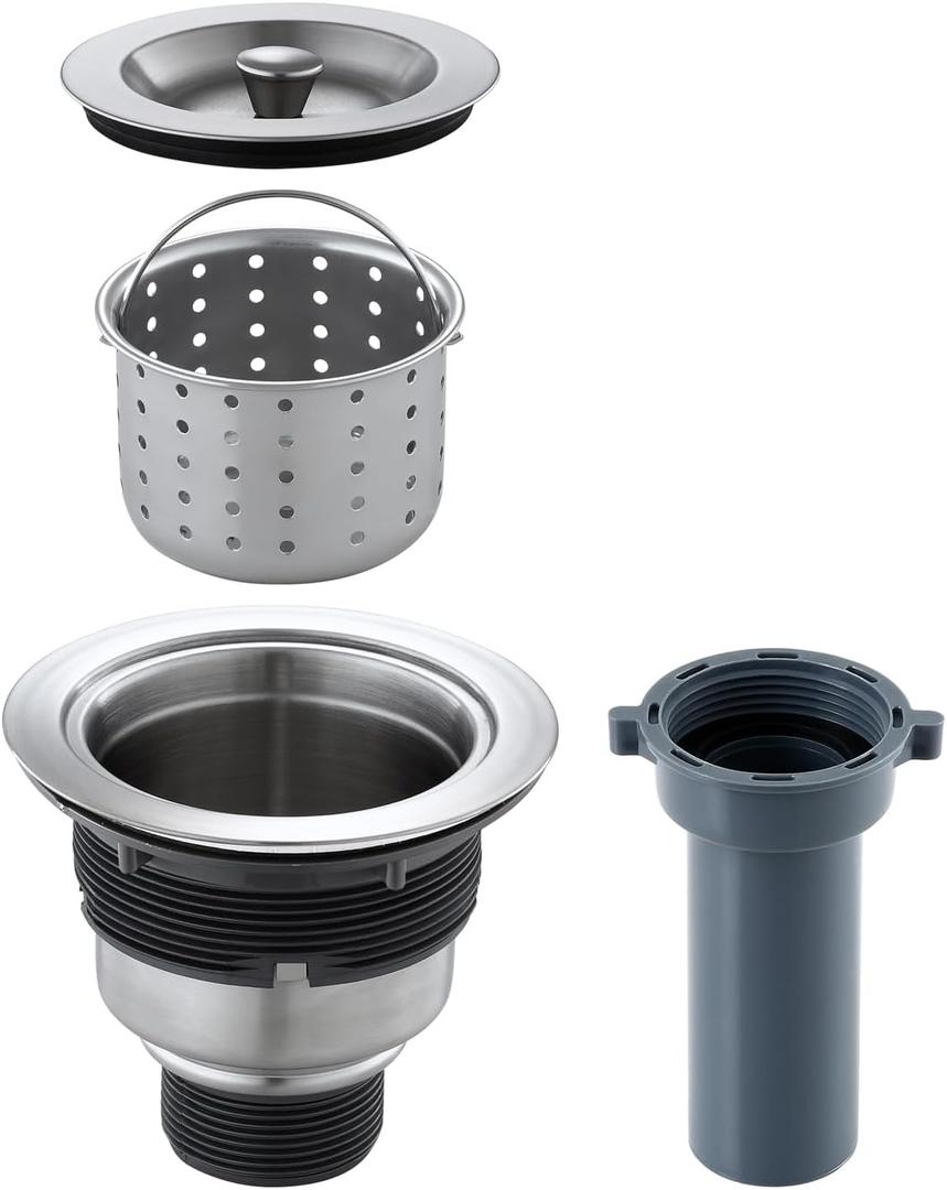 ROVOGO 3-1/2 inch Kitchen Sink Drain Assembly with Removable Deep Strainer Basket, Sealing Stopper Plug and Tailpiece, 304 Stainless Steel, Brushed