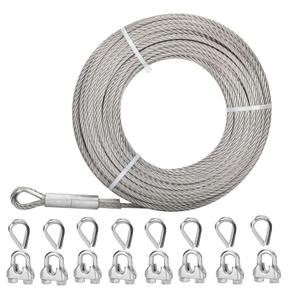5/16 Stainless Steel Cable150FT, 7x19 Strands Aircraft Cable, 9000 lbs Breaking Strength Stainless Steel Wire Rope with M8 Clips Clamp and Thimbles for Boat Lift Cable,Winch Cable