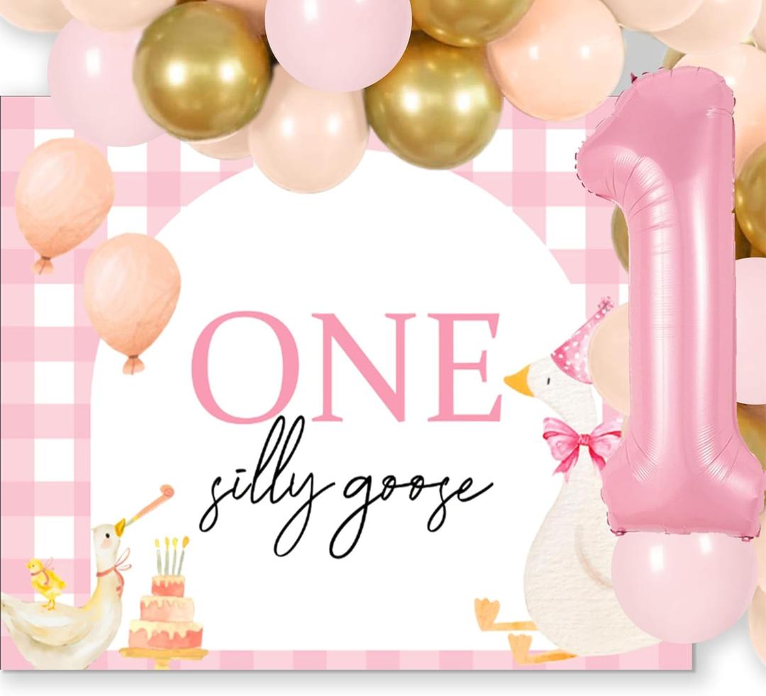 Pink One Silly Goose 1st Birthday Party Decorations Silly Goose First Birthday Girl Baby Shower Banner Backdrop for Goose Theme White Balloons Decor Party Supplies