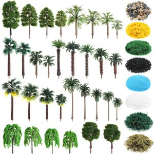Thiccywoov 40 Pcs Diorama Supplies Kit Include 32 Miniature Trees 1.2-6.2 Inch Mini Mixed Model Plastic Fake Architecture 8 Bags Scenery Basing Material Kit for DIY Craft(Tropical Trees)