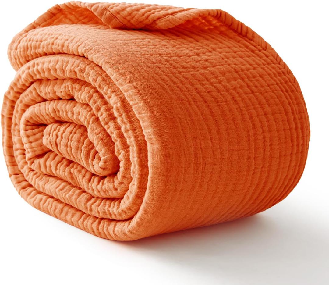 100% Cotton Muslin Blanket Twin 66" x 90", 6 Layers Breathable and Lightweight Cotton Blankets for Couch, Soft Cooling Summer Gauze Blanket for Adults All Season, Orange (08 - Burnt Orange)