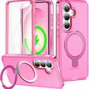 for Samsung Galaxy S26 Case with Magnetic Invisible Stand[Compatible with MagSafe] with Screen Protector Dual Layer Full Body Military Shockproof Translucent Phone Cover-Hot Pink