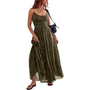 Gacaky Summer Dress for Women Casual Lace Floral Embroidered Bohemian Maxi Dress Flowy A Line Beach Long Dresses (Green) XL