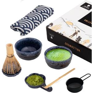 A Unique Matcha Set: 9 pieces set, A Ceremonial Grade Kit For Matcha With 2 Thick Glazed Dark Blue Hand Painted bowls. Bamboo Whisk and Scoop, Strainer, Table Runner, chop stand, dish and bottle.