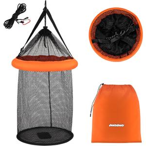 QualyQualy Floating Fish Basket for Live Caught, 10/15 Gallons Foldable Fishing Holder Minnow Bucket Portable Collapsible Fishing Net Storage Cage for Live Fish Bait Live Well (Round)