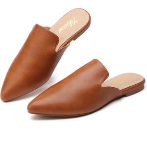 Tilocow Mules for Women Flats Pointed Toe Slip On Backless Loafers Flat Mule Business Casual Shoes Slides C Brown US 6