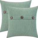 HWY 50 Sage Green Chenille Throw Pillow Covers 18x18 Inch with Triple Buttons, Soft Spring Farmhouse Accent Decorative Cushion Cases for Couch Sofa Bed Living Room Bedroom Pack of 2