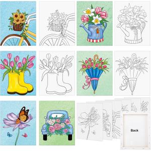 COCHIE 6 Pack 8x10 Inches Spring Flower Pre Drawn Canvas to Paint for Sip and Paint Party, Pre Printed Framed Canvases Set, Umbrella Butterfly Truck Pre Sketched Canvas for Painting for Adults Kids