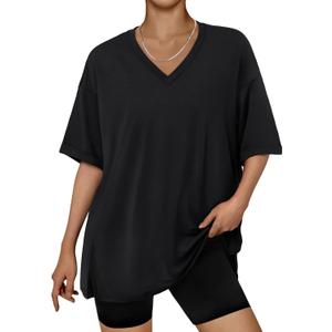 Trendy Queen Oversized T-shirts for Women Workout Plus Size Tops V Neck Short Sleeve Gym Shirts Casual Loose Fit Basic Tees (3X-Large, Black)