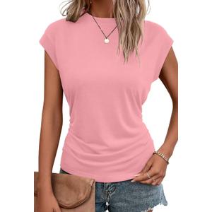 Bliwov Womens Summer Tops Cap Sleeve Crew Neck T Shirts Spring Trendy Fashion Outfits Business Beach Vacation Blouses Clothes Pink (Pink, L)