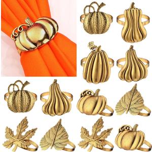 WILLBOND 12 Pcs Thanksgiving Napkin Rings Set Thanksgiving Pumpkin Leaf Themed Holders Fall Napkin Ring Alloy Design Holder Buckle for Christmas Home Party Table Decor Wedding Supplies (Bronze)