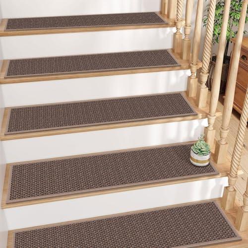 GOYLSER Rubber Backed Jute Carpet Stair Treads Mats, 15 Pack Basement Safety Stair Rug Step Pads, Non Slip Stairway Covers, 8"x30",