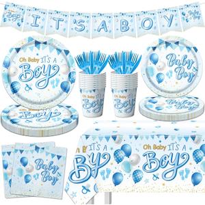 CMUSKO Blue Baby Shower Decorations for Boy, It's a Boy Baby Shower Party Supplies with Baby Boy Plates Napkins Cups Banner Tablecloth for Baby Boy Gender Reveal Baby Shower Party Decor