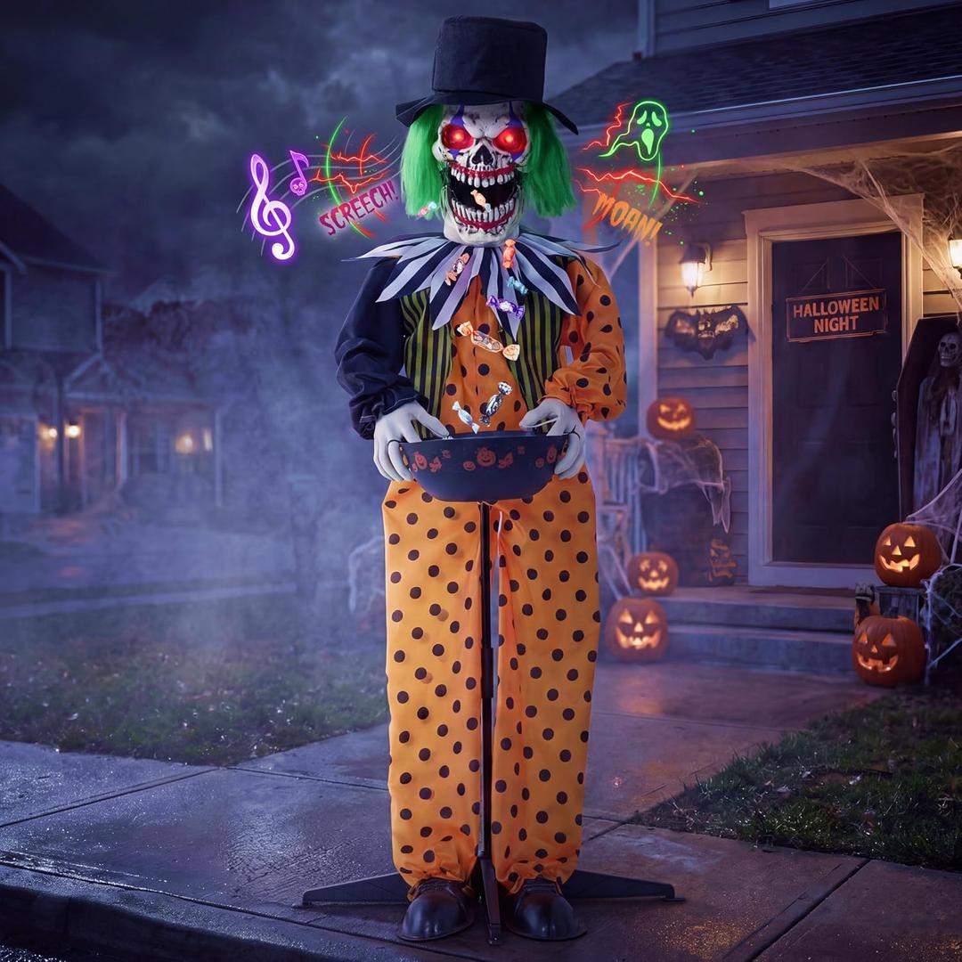 JOYIN 55" Halloween Animatronic Clown Trick-or-Treat Decor, Sound Activated Life-Size Prop with Candy Spitting Action, Animated Skeleton Clown with Bowl, Scary Haunted House Props for Garden Yard Lawn