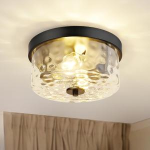 Emak 11 Inch Flush Mount Ceiling Light Fixture, Modern Black Light Fixtures Ceiling Mount with Hammered Glass Shade, 2-Light Drum Ceiling Lights for Bedroom, Bathroom, Hallway, Kitchen, FM082-BK-HG (Black & Hammered Glass)