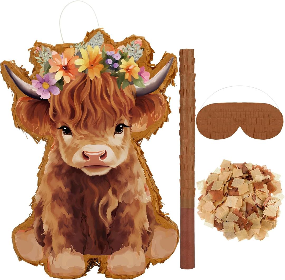 Shappy 4 Pcs Cow Piata Highland Cow Birthday Decorations Piata Themed Party Supplies with Blindfold Stick Confetti Farm Supplies for Theme Birthday Party Girls Boys Kids 15.75 x 11.22 Inch(Brown)
